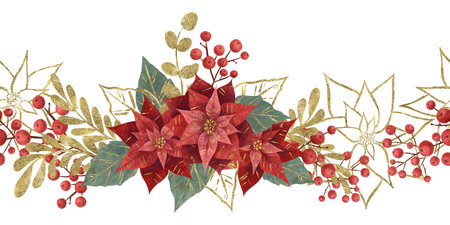 Seamless border with a red poinsettia Christmas flower, green and golden vegetation, berries highlighted on a white background. Design element, handmade digital illustrationの写真素材
