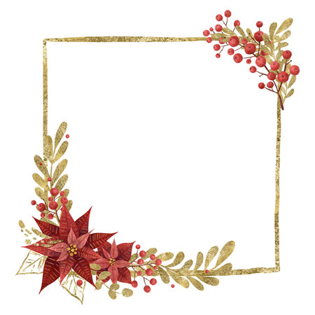 A golden square frame with a floral arrangement: a red Christmas flower, holly berries and twigs of golden plants. A handmade digital illustration on a white background. An element for the designの写真素材