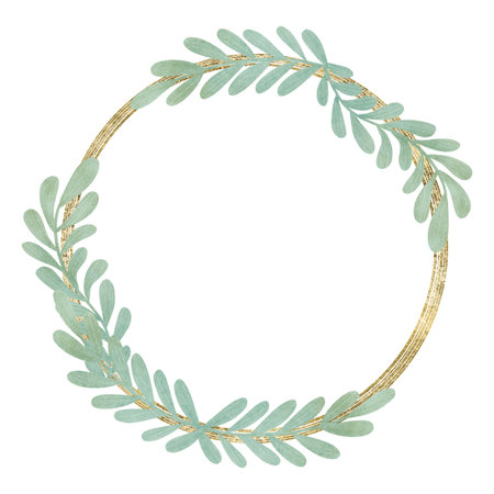 Round golden frame, wreath of branches with green leaves, handmade digital illustration isolated on white background. An element for the design of postcards, invitations, packaging, wallpaper.の写真素材