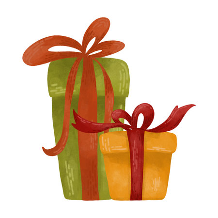 Gift boxes are a festive watercolor composition in autumn colors. It is a design element for printing, children's prints, and decorations. They are yellow and green, highlighted on a white backgroundの写真素材