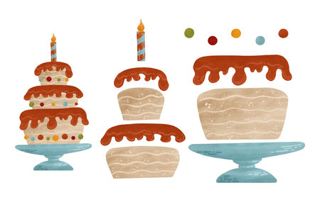 Cake with a candle or cupcake - a design builder, isolated elements on a white background. A watercolor, pastel illustration in autumn colorsの写真素材