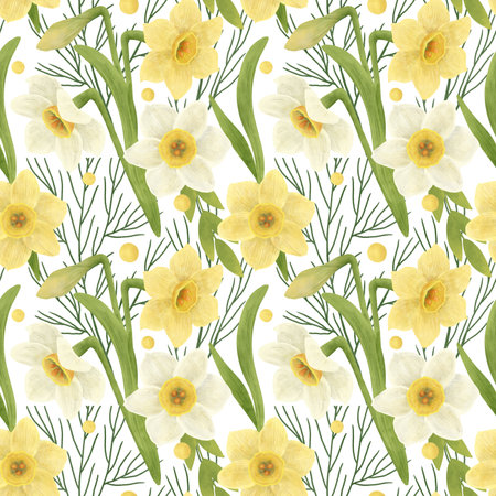 Seamless pattern, yellow and white daffodils, green leaves, twigs, grass, hand-drawn watercolor digital illustration in a flat naive style on a white background. Element for packaging design, textiles, and wallpapersの写真素材