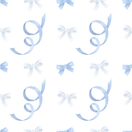 Seamless pattern with blue ribbons and white bows, handdrawn in watercolor. Decorative element in pastel tones for festive designs, greeting cards, wedding invitations, wrappingの写真素材