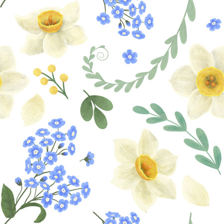 Seamless pattern with flowers of blue forget-me-nots, white daffodils, green twigs colors with watercolors in flat style and pastel colors. for designの写真素材
