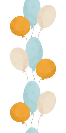 Balloons, a hand-drawn watercolor seamless border. A festive flat style design element in pastel shades of yellow, blue, and beige. A children's drawing. Highlighted, isolatedの写真素材