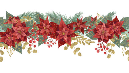 Seamless border with a red Christmas flower, berries, green and golden vegetation, painted in watercolor and pastel in a flat style. Design element, handmade digital illustrationの写真素材