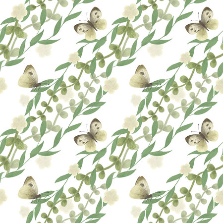 Seamless pattern: green branches, leaves, twigs, grass, simple flowers, and a butterfly in pastel colors. Hand-drawn watercolor illustration in a flat, naive style. Element for design: textile, packagの写真素材