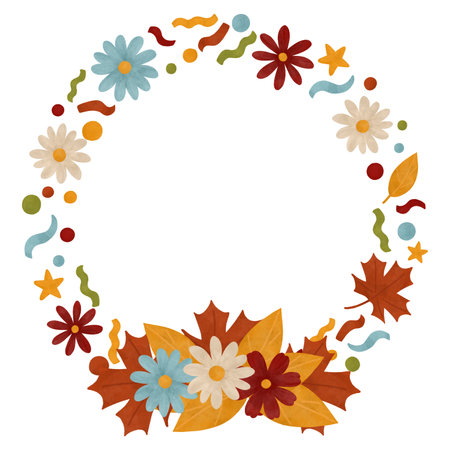 Round flower wreath, frame with simple flowers, leaves, and confetti, painted in autumn colors with watercolors. Festive autumn template with round copy space in flat style and pastel colors. Clip artの写真素材