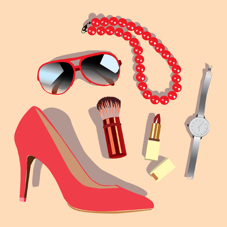 Vector image: set of female subjects (red women shoes, sunglasses, cosmetics, lipstick, powder brush, wrist watch, red beads)のイラスト素材