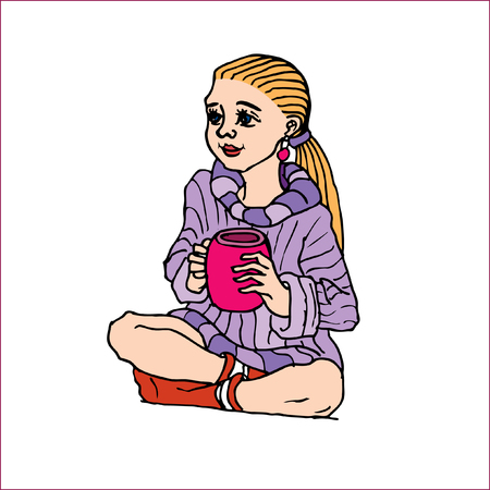 Vector cartoon image of a dreamy girl drinking the tea from the large mugのイラスト素材
