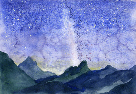 Watercolor picture of mountain night landscapeの写真素材
