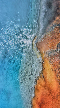 Spectacular panoramic views of West Thumb Geyser Basin in Yellowstone National Park, Wyoming Montana. Yellowstone Lake. Great hiking. Summer wonderland to watch wildlife and natureの写真素材