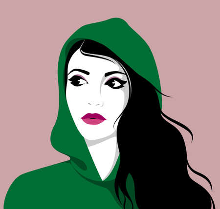 Vector illustration of beautiful modern young woman with long black hair wearing hoodieのイラスト素材