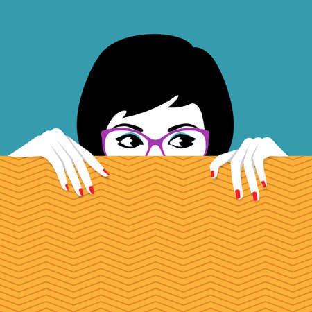 Vector illustration of beautiful young woman wearing glasses hiding behind wall a watchingのイラスト素材