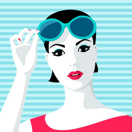 Beautiful young woman with short black hair taking off stylish big sunglasses, wearing red dressのイラスト素材