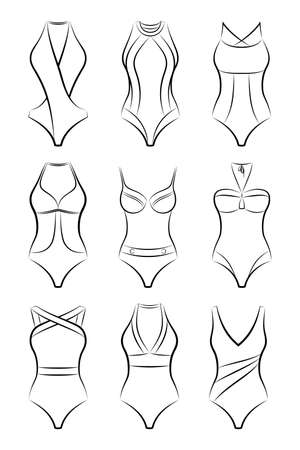 Vector set of different fashionable women swimsuits for summer vacation in black and white color, front viewのイラスト素材
