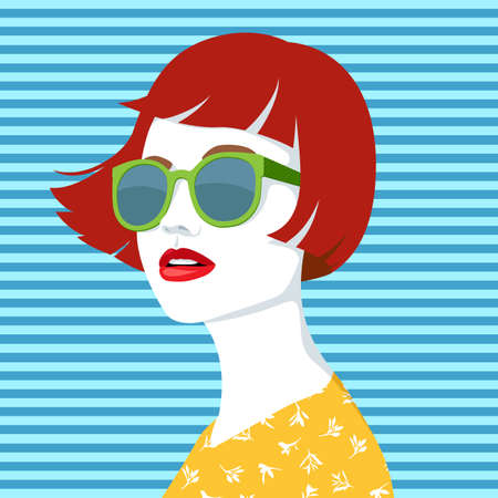 Vector portrait of young beautiful redhead woman with modern green sunglasses wearing yellow shirt with white floral pattern against blue striped background, simple vector illustrationのイラスト素材