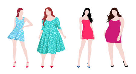 Vector illustration of isolated slim and fat fashion women wearing different colorful elegant clothing, dress with floral patternのイラスト素材