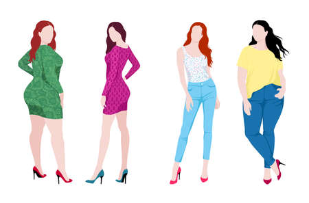 Vector illustration of isolated slim and fat fashion women wearing different colorful fashionable clothing, dress with pattern, shirts and blue jeansのイラスト素材