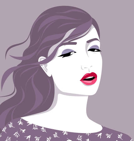 Beautiful young thoughtful woman with long curly flowing hair, wearing dress with floral pattern, simple vector portrait in purple colorのイラスト素材