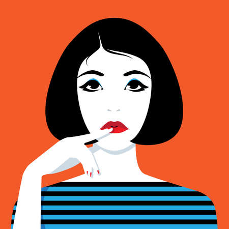 Vector portrait of thinking woman looking up with finger on her lipsのイラスト素材
