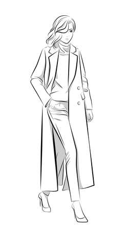 Vector illustration of beautiful walking woman wearing long coatのイラスト素材