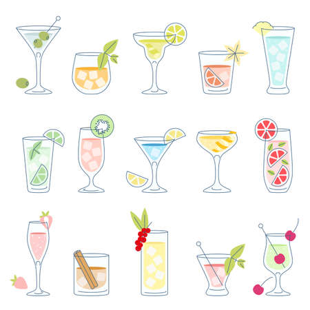 Set of alcohol cocktails and drinks with fruit, vector illustrationのイラスト素材