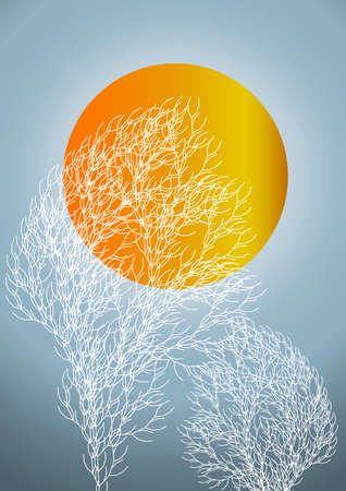 Vector illustration of abstract bare white trees against winter sky with large sunのイラスト素材