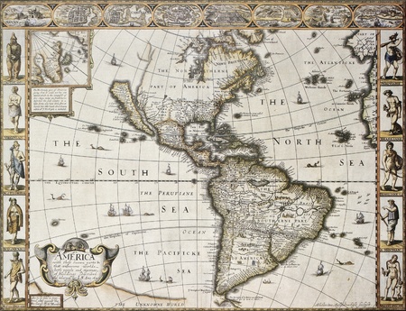America old map with Greenland insert map. Created by John Speed. Published in London, 1627のeditorial素材