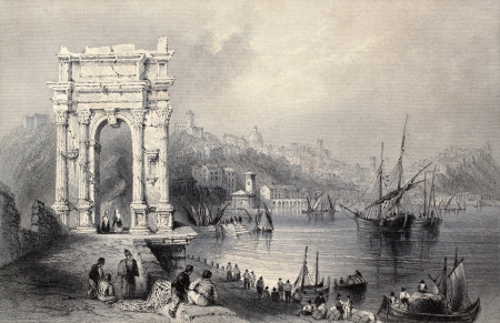 Antique illustration of Arco di Traiano in Ancona, Italy. Original created by W. H. Bartlett and J. Sands, published in Florence, Italy, 1842, Luigi Bardi ed. のeditorial素材