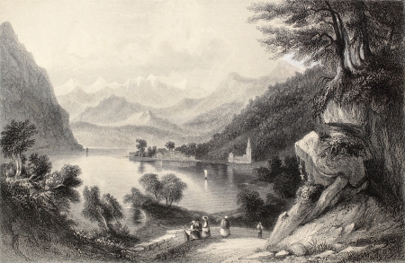 Antique illustration of Lake Lugano, on the border between Italy and Switzerland. Original, created by Major Irton and T. A. Prior, was published in Florence, Italy, 1842, Luigi Bardi ed. のeditorial素材