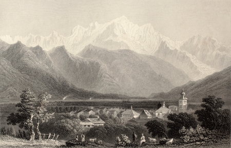 Antique illustration of Monte Bianco (White Mountain), Alps, Italy. Original, created by W. H. Bartlett and E. Benjamin, was published in Florence, Italy, 1842, Luigi Bardi ed. の写真素材
