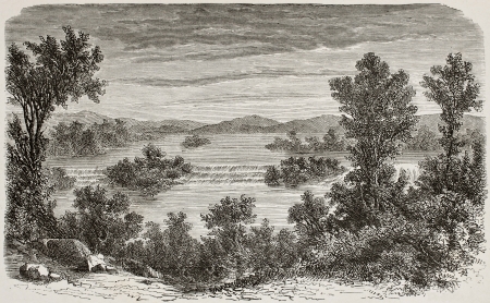 Old illustration of Felou waterfalls, Mali. Created by De Bar and Meunier after drawing of Veron-Bellecourt, published on L'Eau, by G. Tissandier, Hachette, Paris, 1873のeditorial素材