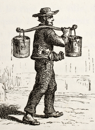 Antique illustration of French water bearer. Original, created by Hildibrand, was published on L'Eau, by G. Tissandier, Hachette, Paris, 1873のeditorial素材
