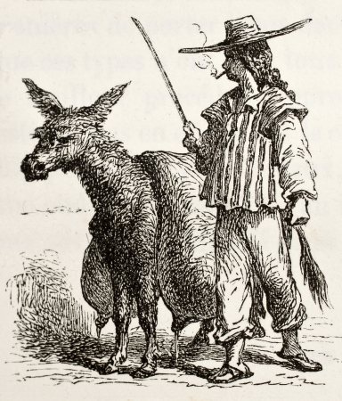 Antique illustration of Mexican water bearer in Guaymas, Sonora state. Original, created by Hildibrand, was published on L'Eau, by G. Tissandier, Hachette, Paris, 1873のeditorial素材