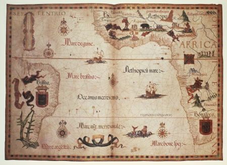 Old Portolan chart of Atlantic Ocean. Created by Diego Homem, published in England, 1558.のeditorial素材