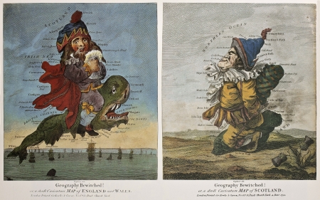 Old caricature maps of England-Wales and Scotland. Created by Dighton, published in London by Bowles and Carver, 1794のeditorial素材