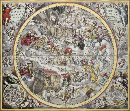 Old representation of Christian celestial hemisphere. From Atlas Coelestis, created by Andreas Cellarius, published in Amsterdam, ca. 1660のeditorial素材
