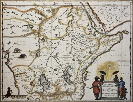 Ethiopia old map. Created by Joan Blaeu, published in Amsterdam 1650