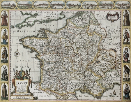 France old map, from the Prospect of the Most Famous Part of the World. Created by John Speed, published in London, 1627のeditorial素材