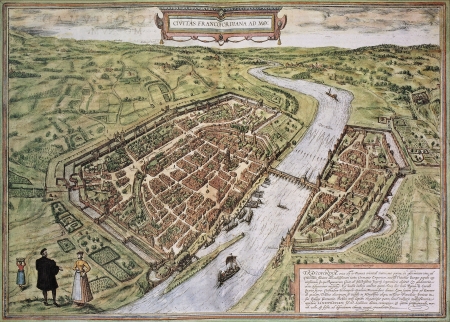 Frankfurt old map, from Civitates Orbis Terrarum. Created by Georg Braun and Frans Hogenberg. Published in Cologne, Germany, 1572のeditorial素材