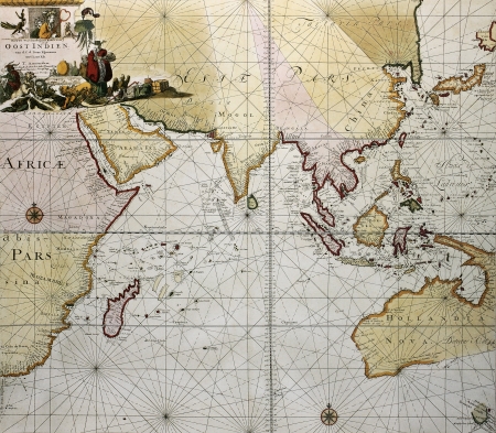 Indian ocean old map, southern Asia, eastern Africa and west Australia. Created by Hendrick Doncker, published in Amsterdam, 1705のeditorial素材