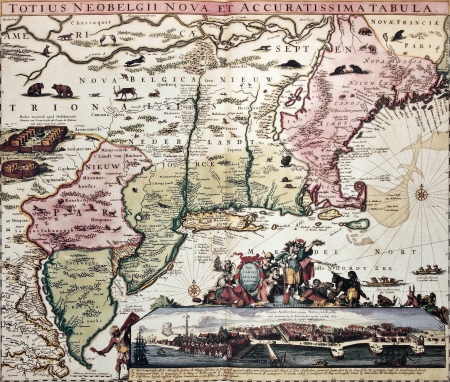 New England old map with New Amsterdam insert view. Created by Carel Allard, published in Amsterdam, 1700のeditorial素材