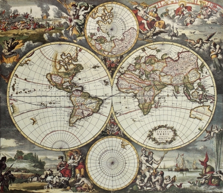 Old map of world hemispheres. Created by Frederick De Wit, published in Amsterdam, 1668のeditorial素材