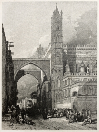 Old view of Archbishop palace and cathedral, Palermo, Italy. Created by Leitch and Smith, published on Il Mediterraneo Illustrato, Spirito Battelli ed., Florence, Italy, 1841のeditorial素材
