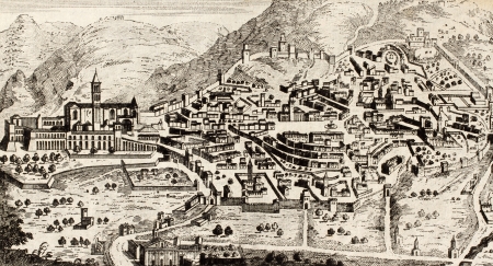 Old plan of Assisi, Italy, the little town where St. Francis was born. Original engraving from...