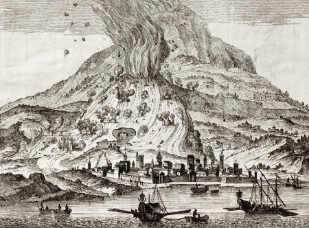 Antique illustration of Catania, Sicily, and Etna volcano erupting. May be dated to the 18th c.のeditorial素材