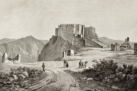 An old engraving of Erice mount and castle, near Trapani, Sicily, Italy.のeditorial素材