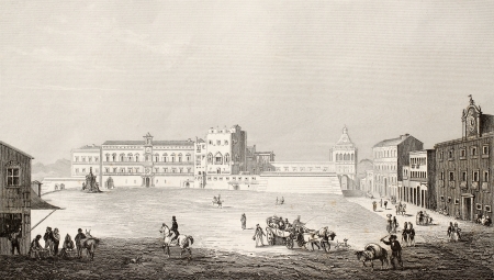 Antique illustration of the area in front of Royal Palace, in Palermo, Italy. The original engraving was created by Angelini and Romargue and is datable to the first half of 19th c.のeditorial素材