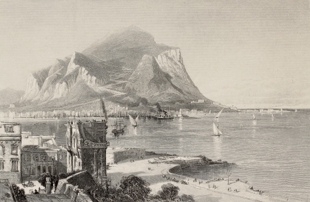 Antique illustration of Porta Felice and Palermo bay with Mount Pellegrino in background, Italy. Engraved by S. Bradshaw on a picture of H. Fenn. Published in Pictoresque Europe, ca. 1875のeditorial素材